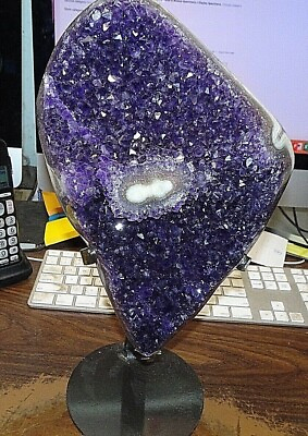 #ad LG URUGUAY AMETHYST CRYSTAL CLUSTER W STALACTITE BASE; WIDE AGATE RIM; STAND $359.96