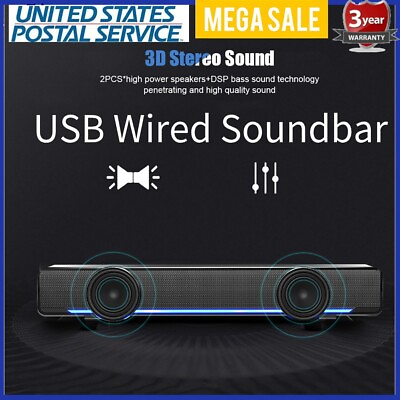 #ad Wired Speaker Bass Soundbar Wired USB Stereo Sound Box for TV cellphone tablet $19.22