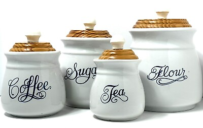 #ad Vintage Canister Set Porcelain Ceramic With Natural Wood Lids And White Knobs $75.00