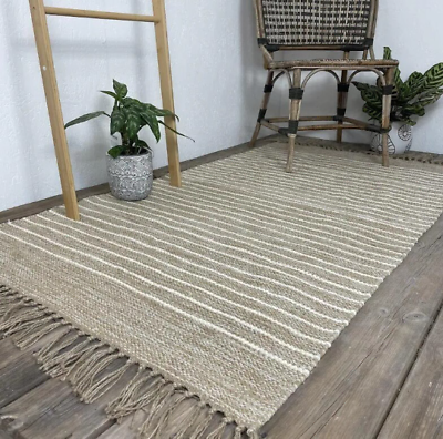 #ad Rug Jute amp; Cotton Area Stripe Handmade Rectangle Rugs Beige Floor mat for Home $223.56