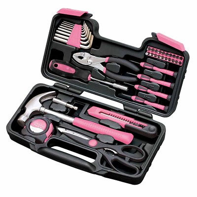 #ad 39 Piece All Purpose Household Tool Kit Small General Basic Home Tool SetPink $21.69
