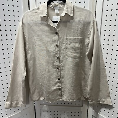 #ad Hamp;M Home Top Womens Size XS Beige Collared Long Sleeve Button Up Linen NEW $13.99