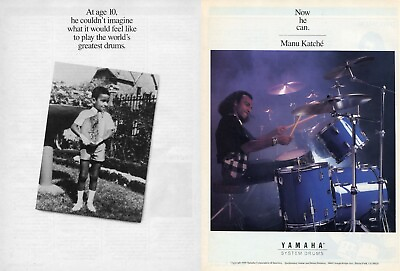 #ad 1989 2pg Print Ad of Yamaha System Drums w Manu Katche $9.99