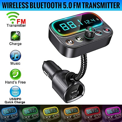 #ad Car Wireless Bluetooth 5.0 FM Transmitter Adapter Radio AUX USB LED Music Player $16.99