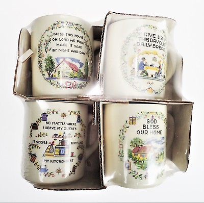 #ad 4 Ironstone Cups Vtg USA Americana Sampler Bless our Home Daily Bread New $23.69