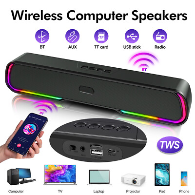 #ad Bluetooth Speakers RGB Light Computer Speaker Stereo Bass PC Laptop TV Sound Bar $23.35