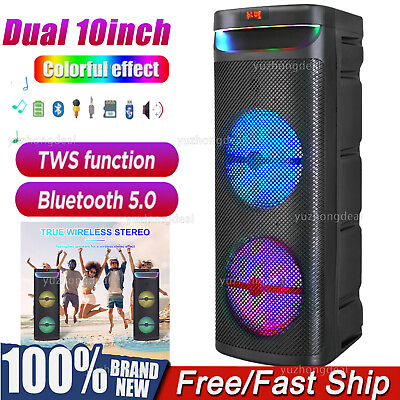 #ad Loud Dual 10quot; Bluetooth Speaker Portable Woofer W Bass RGB Party Lights Mic FM $93.99
