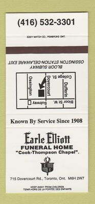 #ad Matchbook Cover Earle Elliott Funeral Home Toronto ON SAMPLE 30 Strike $3.99