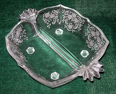 #ad Fostoria Meadow Rose Clear Etched #328 Baroque 2 Part Handled Square Relish Dish $9.99