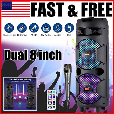 #ad Portable Dual 8quot; Bluetooth Speaker FM Tweeter Subwoofer Disco Light Mic System $75.99