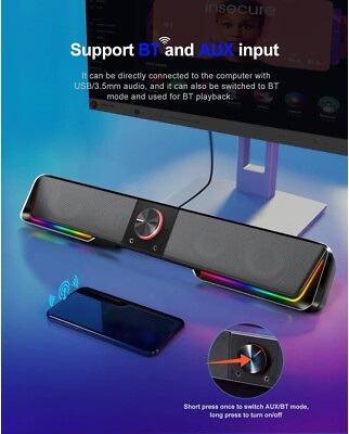 #ad USB Powered Stereo Sound bar Speaker Black PC Computer LED $29.99