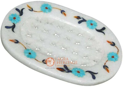#ad 5quot;x3quot; Marble White Soap Dish Bar Turquoise Inlaid Handmade Art Bathroom Decor $135.90