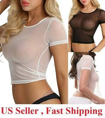 #ad #ad Women Sexy See Through Mesh Sheer Tank Crop Top clubwear party Tee Lingerie $7.95