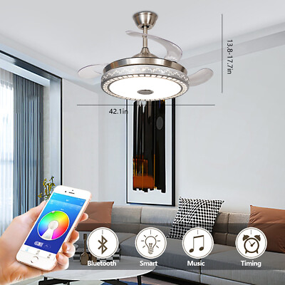 #ad 42quot; Retractable Ceiling Fan with 7 Color LED Light Bluetooth Speaker amp; Remote $121.69