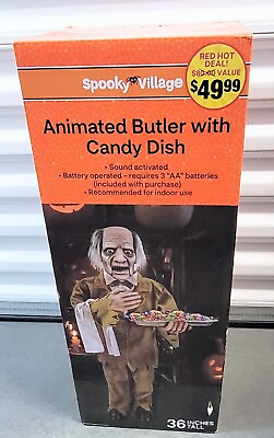 #ad Spooky Village Animated Halloween Butler W Candy Dish Sound Activated 36quot; $40.00