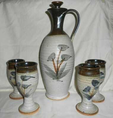 #ad c1971 Art Pottery Signed Harman 5 Pc Glaze Stoneware Decanter amp; 4 Goblets w2s22 $49.99
