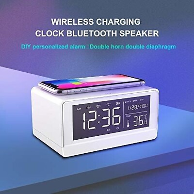 #ad Bluetooth Alarm Clock Speaker Wireless Charger Charging White $34.65