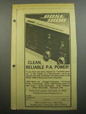 #ad 1974 Bose 1800 Professional Power Amplifier Ad Clean reliable P.A. Power $19.99