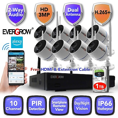 #ad 10CH Wireless 2 Way audio Home Security 3MP 1296P CCTV Camera Outdoor System kit $428.00