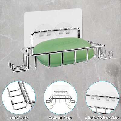 #ad Soap Dish Bar Holder Shower Wall Mounted Hooks Stainless Steel Adhesive Bathroom $10.48