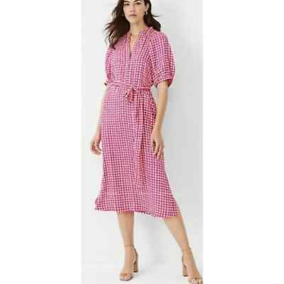 #ad Ann Taylor Pink Gingham Midi Belted Shirt Dress Size Small Tall NWOT Defect $14.00