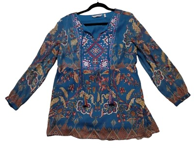 #ad Soft Surroundings Mirapani Tunic Womens Size Medium Ayaletta Blue Embroidered $55.00