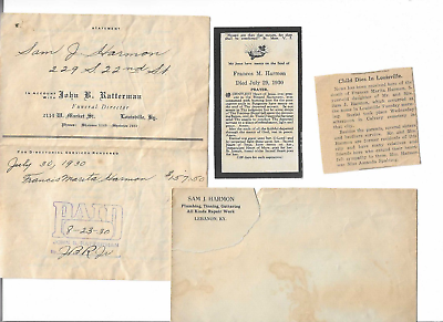 #ad 1930 Louisville KY Lebanon KY Child Death Papers Harmon Family $20.00