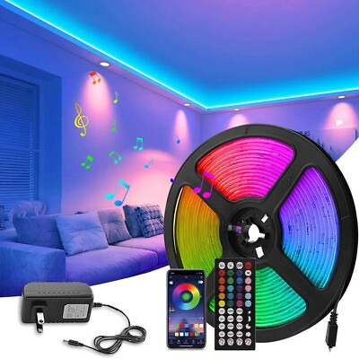 #ad 50ft LED Strip Lights 5050 RGB Music Sync Bluetooth for Room TV Bar Waterproof $14.89