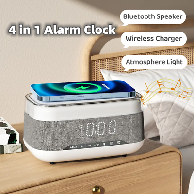 #ad Intelligent Multifunctional Alarm Clock Bluetooth Speaker Wireless Charger Fast $45.95