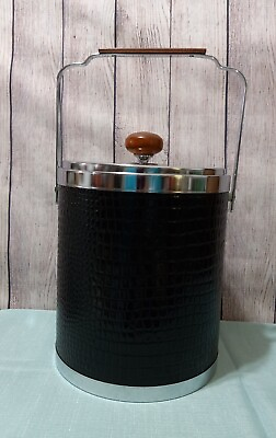 #ad Vintage Kromex Mid Century LG. Bar Ice Bucket Black Naugahyde Alligator Pattern $29.95