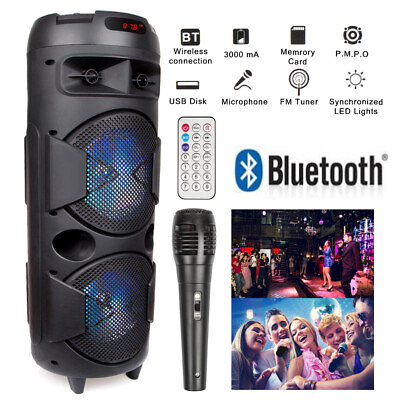 #ad Dual 8quot; Woofer Portable FM Bluetooth Party Speaker Heavy Bass Sound With Mic $75.99