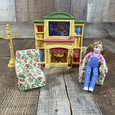 #ad #ad Loving Family Dollhouse Fireplace Living room TV Sounds 2 Chairs Big Sister $25.00
