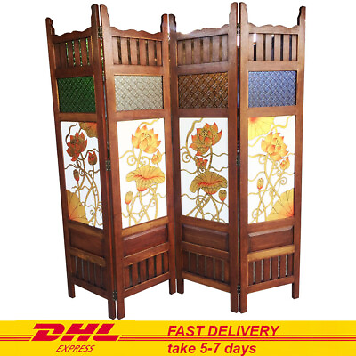 #ad Wooden Diveder Home Screen Privacy Partition Large 4 panels Lotus Hand Painted $690.00