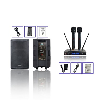 #ad 15 Inch Active PA Powered Audio Speaker W 2CH UHF Handheld Wireless Microphones $388.99