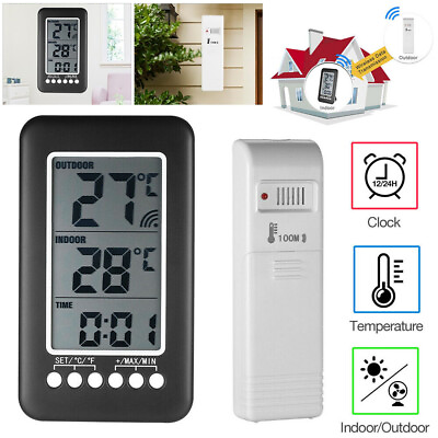 #ad Digital Thermometer Clock Temperature Indoor Outdoor Wireless Transmitter Meter $9.99
