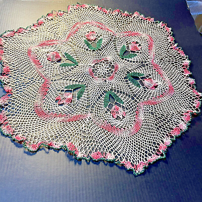 #ad Vintage Pink Tulips Doily 31quot; Lg Home Easter Decor Hand Made Ruffled Lt Starch $41.99