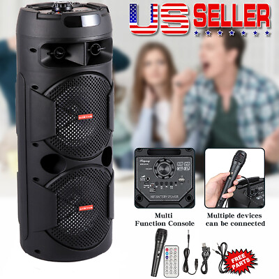 #ad Dual 8quot; Woofer Portable FM Bluetooth Party Speaker Heavy Bass Sound Remote Mic $75.99