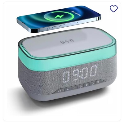 #ad Bluetooth Speaker Alarm Clock with Wireless Charger LED Night Light 6 in 1 Grey $29.99