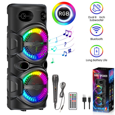 #ad Bluetooth Portable Party Speaker Wireless Dual 8quot; Subwoofer Heavy Bass AUX LED $55.99