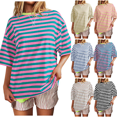 #ad Women Simple Home Top Casual Striped Pattern Round Neck Short Sleeved T Shirt $13.99