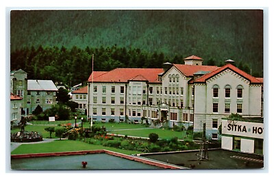 #ad Postcard Sitka Alaska Pioneer Home former site Russian Parade grounds AJ18 $1.99