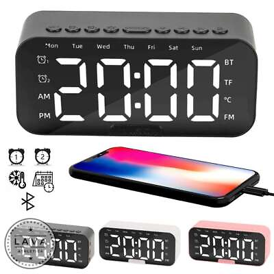 #ad Digital Alarm Clock FM Radio Wireless Bluetooth Mirror LED With Speaker Portable $11.27