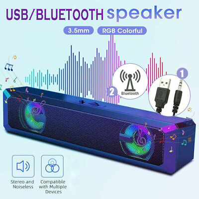 #ad USB Bluetooth Speaker Computer Soundbar RGB LED Stereo For TV PC Desktop Laptop $17.99