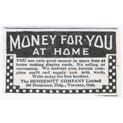 #ad 1931 Menhenitt Company Earn Money From Home Toronto Advertisement AE5 SA2 $13.50
