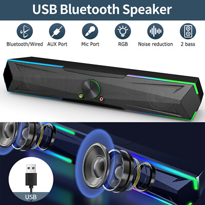 #ad Computer PC Bluetooth Speaker Deep Bass RGB PC Laptop TV Soundbar AUX Mic Port $34.99