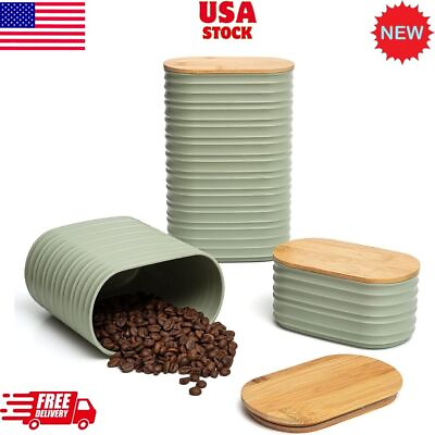 #ad Airtight Coffee and Sugar Canister Set with Bamboo Lid 3 Piece Kitchen Decor $39.99