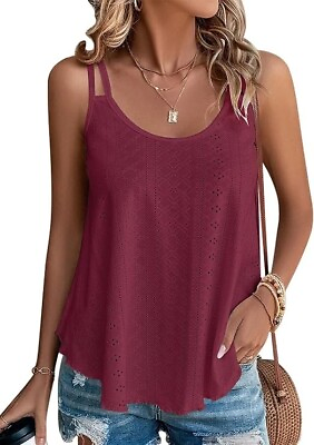 #ad #ad Womens Fashion Tank Tops Eyelet Embroidery Sleeveless Camisole Scoop Neck Loose $14.99