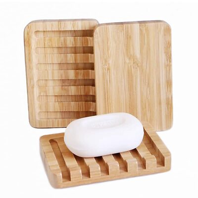 #ad 3 Pack Bamboo Soap Dish Bar Soap Holder with Self Draining Tray Natural Wat... $13.16