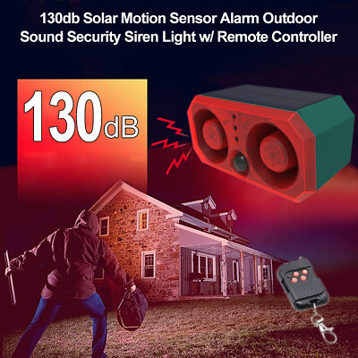 #ad 130db Solar Motion Sensor Alarm Outdoor Sound Security Siren Light Remote Set $35.87