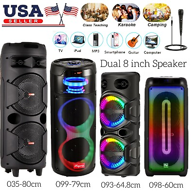 #ad Dual 8quot; Woofer Portable Bluetooth Party Speaker FM Heavy Bass Sound With Mic LED $47.88